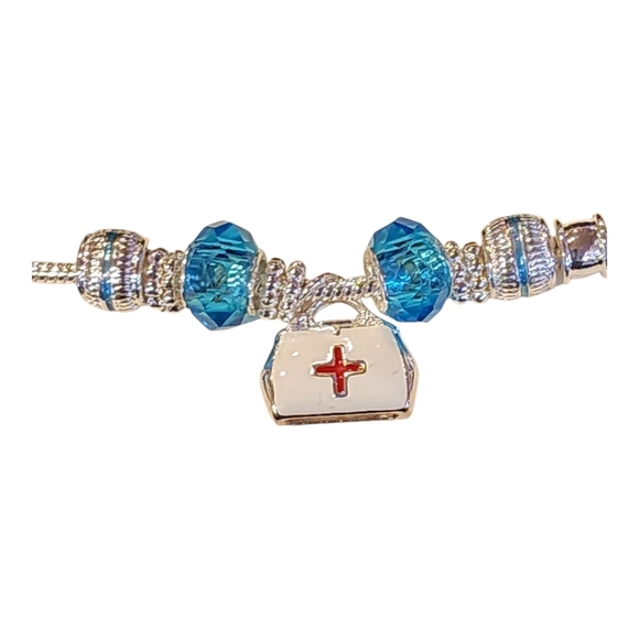 Napier Medical Charm Bracelet Silver-Tone w/ Red Cross & Turquoise Crystals - Picture 3 of 6